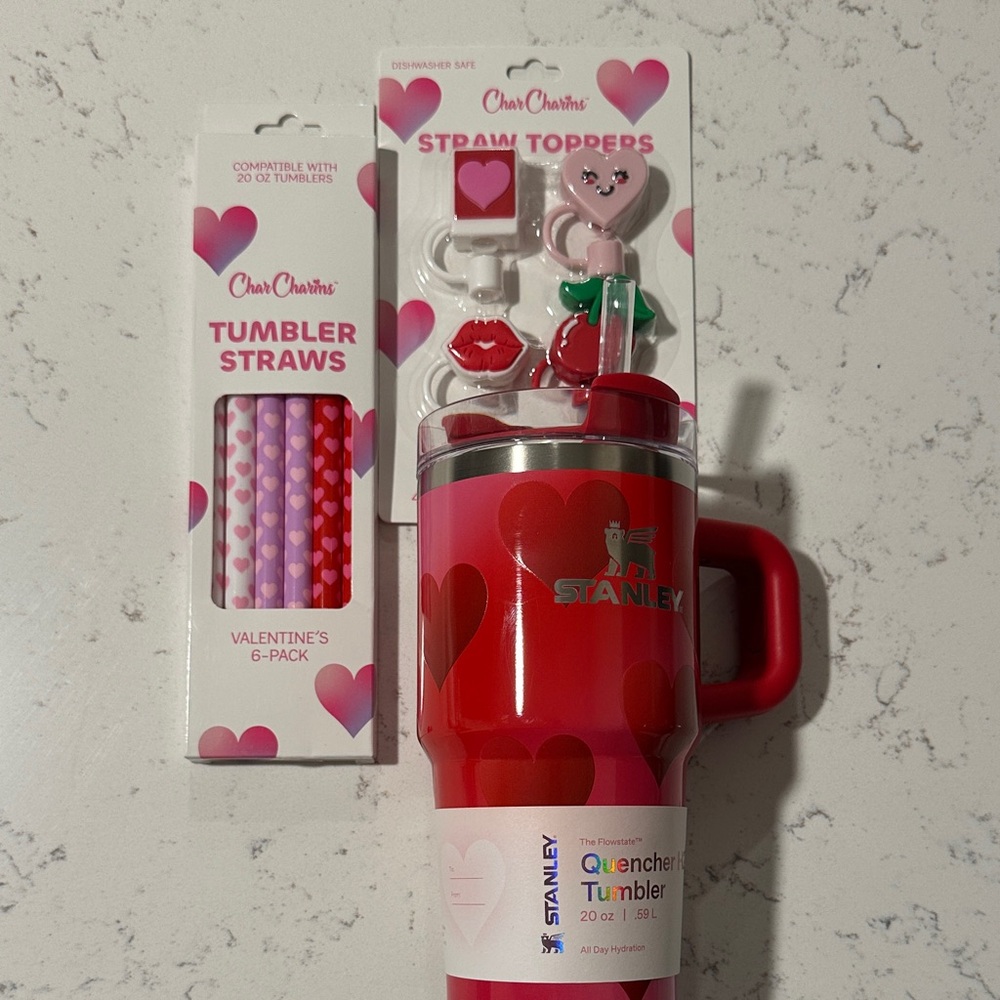 Stanley Pink and Red Heart Tumbler Gift Set